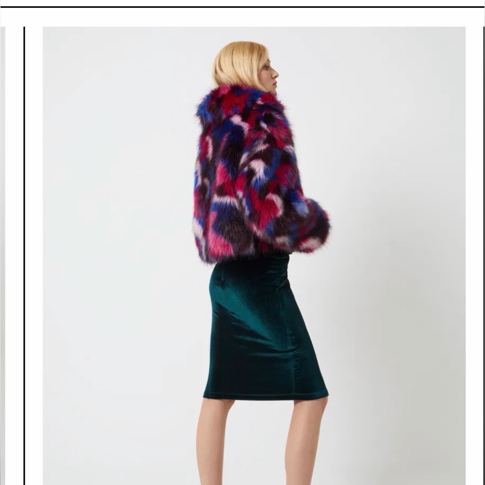 FRENCH CONNECTION Multi-Color Faux Fur Cropped Jacket - Pink, Blue & Wine - Picture 2 of 6